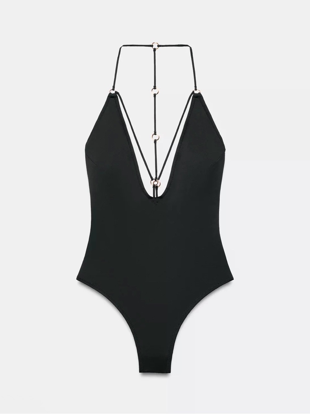 Zara Black Plunge One-Piece Swimsuit with Decorative Grommet Straps Medium